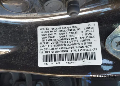 2013 Honda Civic Lx z USA, uszkodzony, nr VIN 2HGFB2F51DH589484